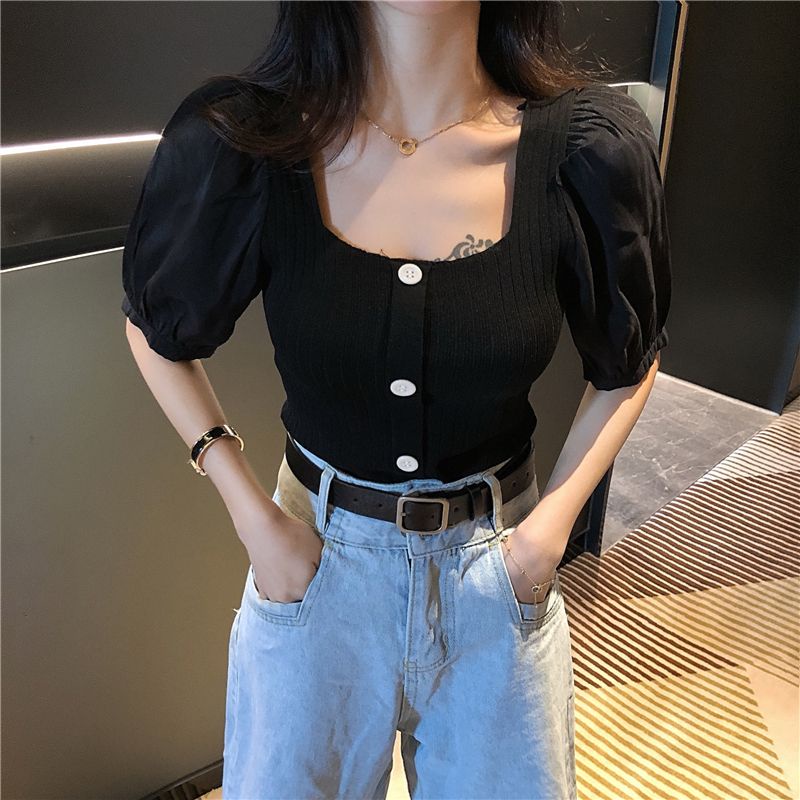 áo croptop dệt kim tay ngắn len trễ vai nữ cổ vuông dáng ôm thời trang mùa hè mới cho nữ