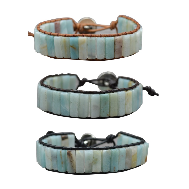 Vòng Tay Chuỗi Hạt Đá Amazonite Tự Nhiên Phong Cách Boho Kèm 2 Dây Đeo Bằng Da