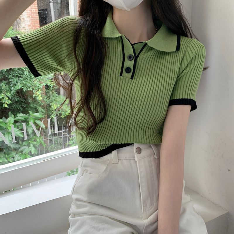 Áo Thun Dệt Kim Tay Ngắn Cổ polo Màu Sắc Tương Phản Thời Trang Mùa Hè Cho Nữ