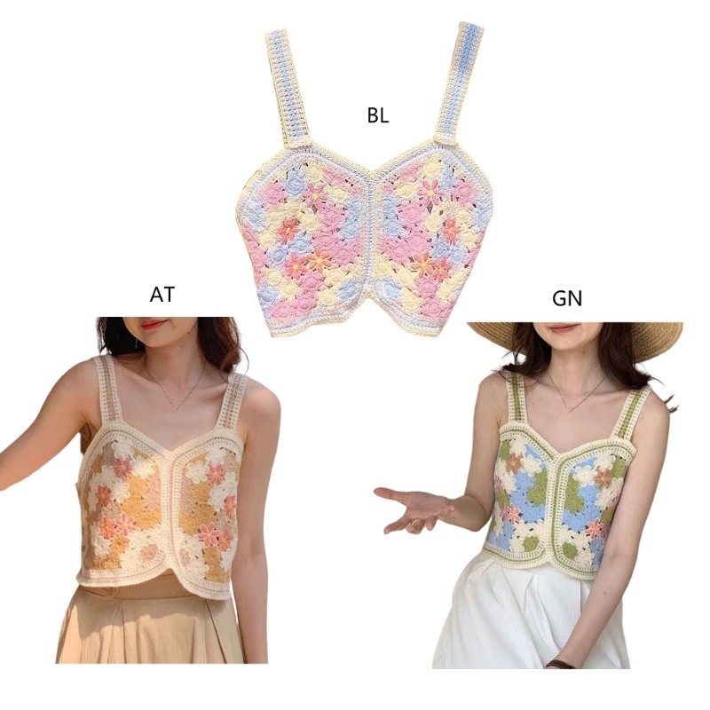 Áo Croptop Hai Dây Dệt Kim Cổ Vuông Dáng Rộng Thêu Họa Tiết Dễ Thương Cho Bạn Gái