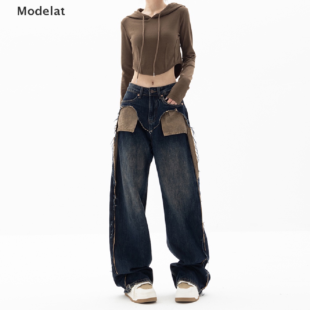 Quần jean nữ GJCUTE MFC ống rộng lưng cao màu xanh đậm phong cách harajuku đường phố vintage thời trang
