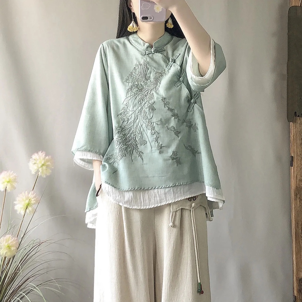Áo Sơ Mi Vải Lanh Cotton Dáng Rộng Cài Nút Kiểu Trung Hoa Thời Trang Xuân Hè Cho Nữ