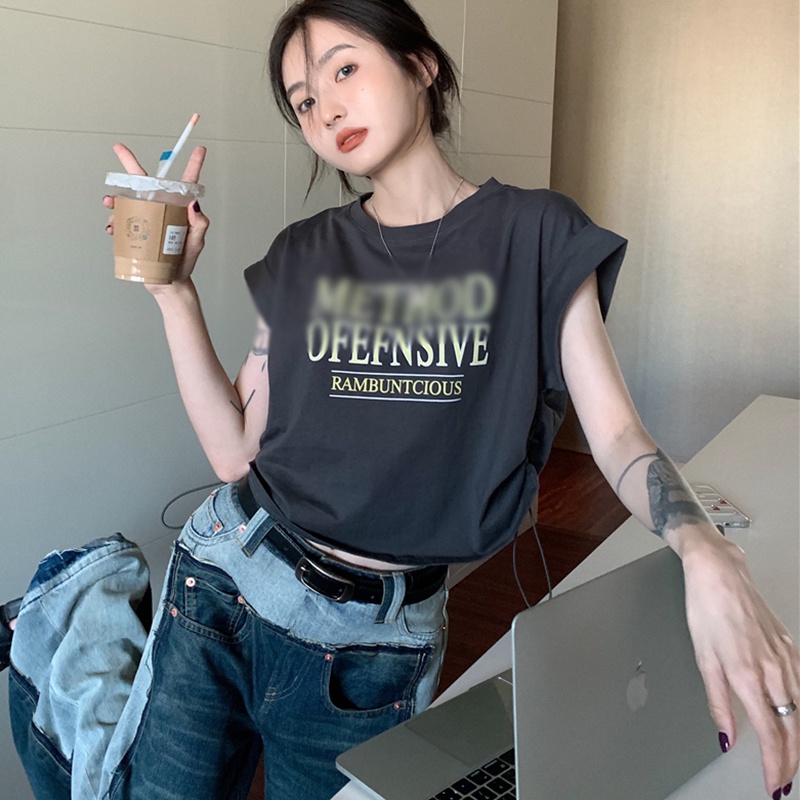 IELGY  Áo Thun Xám Tay Ngắn Phối Dây Rút In Họa Tiết Thời Trang Cho Nữ