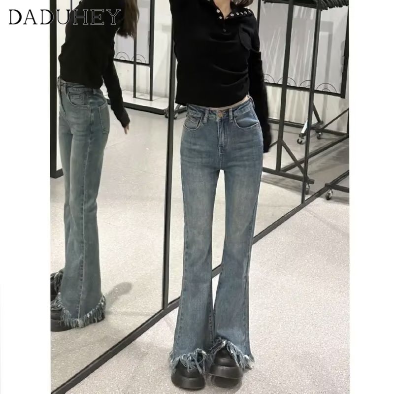 Quần jean dài DADUHEY ống tua rua lưng cao viền thô màu xanh dương size lớn phong cách ulzzang Hàn Quốc mới