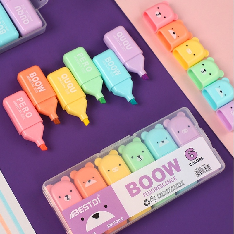 Set 4 / 5 / 6 Bút Đánh Dấu Mini Họa Tiết Gấu Hoạt Hình Màu Macaron Dành Cho Học Sinh