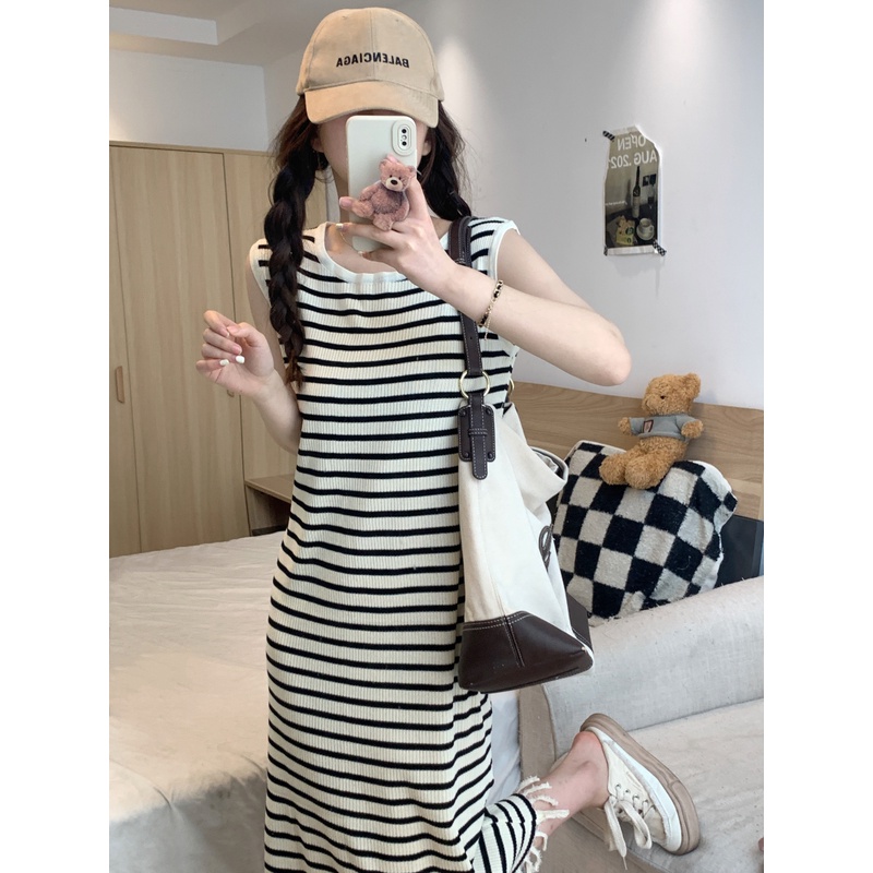 Đầm Dáng Chữ a Không Tay Họa Tiết Kẻ Sọc Phong Cách Pháp Thời Trang Mùa Hè Dành Cho Nữ 50075