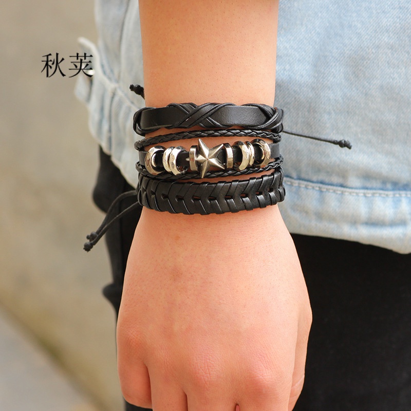 Bộ Sáu Vòng Tay Bện Dây Da Bò Đính Đầu Lâu Phong Cách Chino Cross-Border Cổ Điển Cho Nam