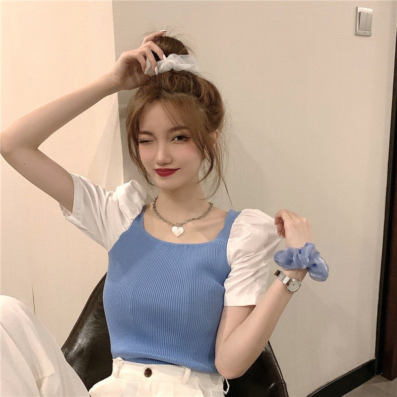 áo croptop dệt kim tay ngắn len trễ vai nữ cổ vuông dáng ôm thời trang mùa hè 2023 phong cách cổ điển dành cho bạn nữ