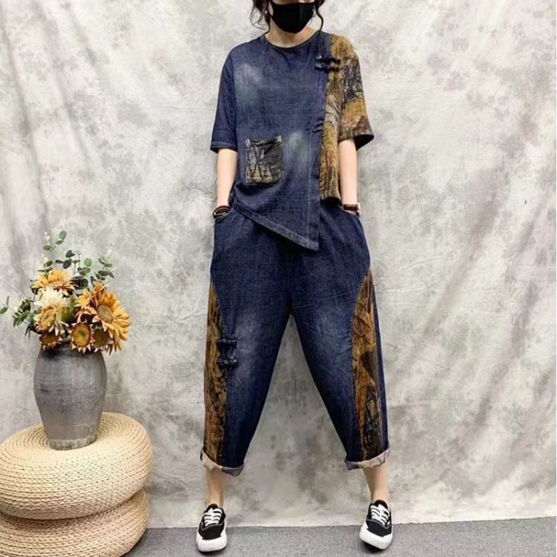 Bộ Đồ Denim Mỏng In Họa Tiết Dân Tộc Thời Trang Cho Nữ