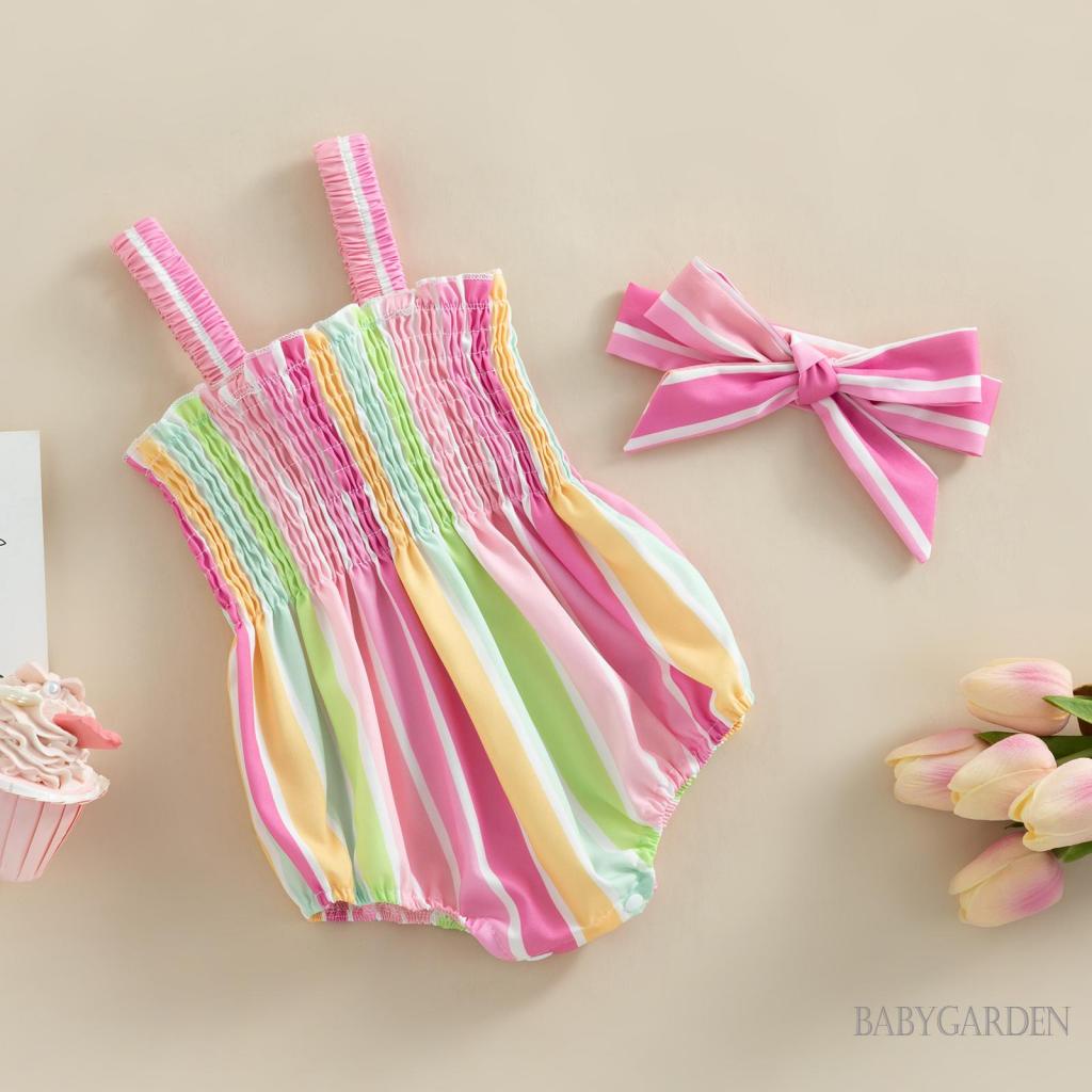 Bộ Áo Liền Quần Không Tay Hở Lưng Nhiều Màu Kèm Băng Đô Dành Cho Bé Gái 0-18 Tháng Tuổi