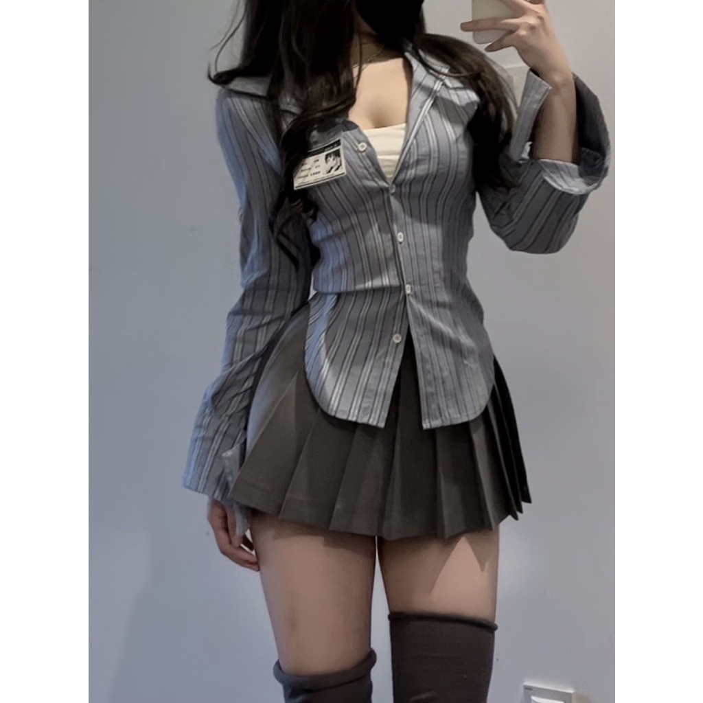 Bộ Áo Sơ Mi Tay Dài + Chân Váy Xếp Ly Kẻ Sọc Phong Cách Preppy Mỹ Thời Trang Mùa Xuân Mới Cho Nữ