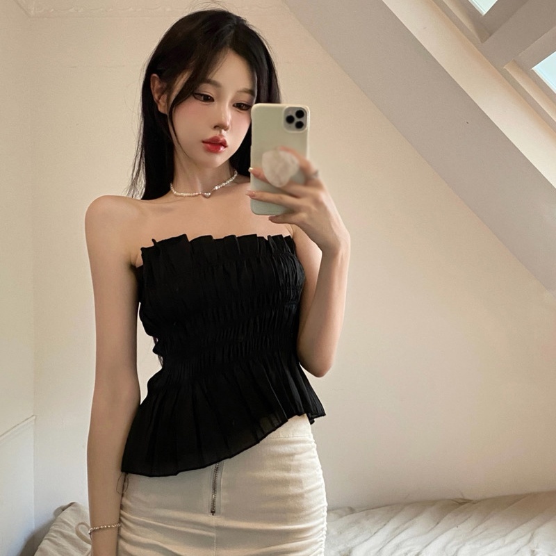 Áo Croptop Trễ Vai Màu Sắc Trơn Thiết Kế Lệch Tà Quyến Rũ Thời Trang Phong Cách Hàn Quốc