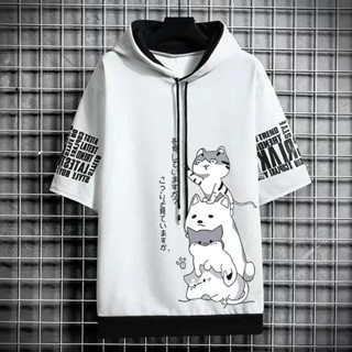 Áo Thun Hoodie Tay Ngắn Dáng Rộng Giả Nhiều Lớp In Hình Mèo Dễ Thương Thời Trang Mùa Hè Cho Nam Và Nữ Size S-3XL