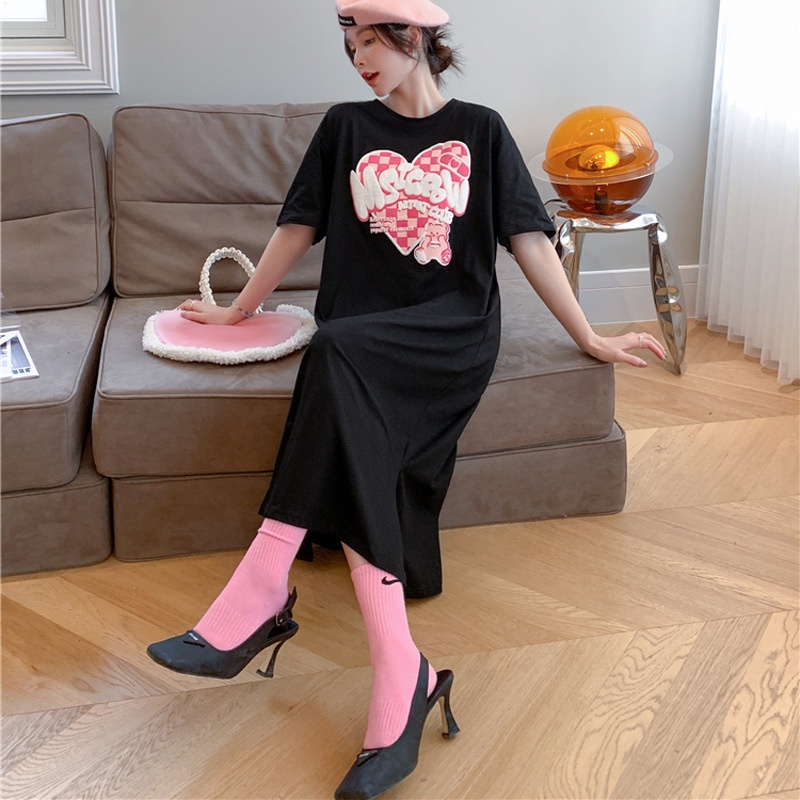 IELGY     xiaoxiang Đầm Dáng Suông Rộng Màu Đen In Họa Tiết Cổ Điển Cho Nữ