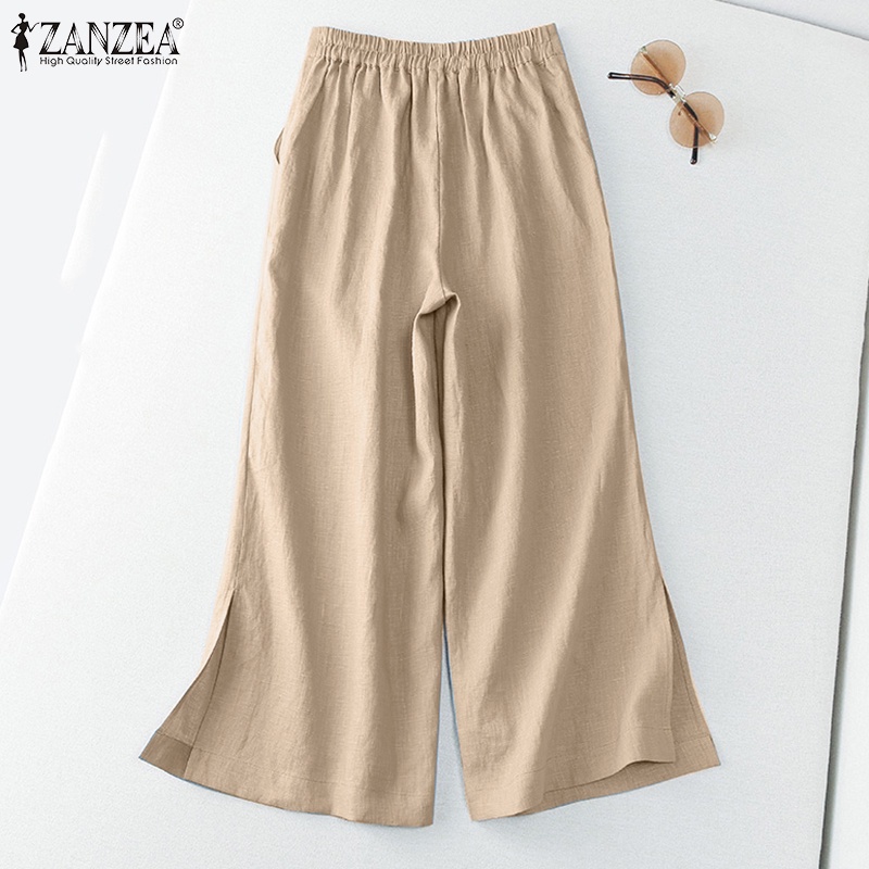 Zanzea Quần Dài Ống Rộng Lưng Thun Màu Trơn Thời Trang Hàn Quốc Cho Nữ