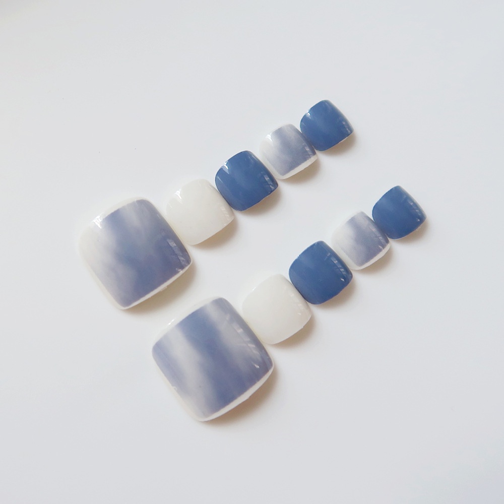 Set 24 móng chân giả, móng up, họa tiết vân mây xanh J141 kèm keo