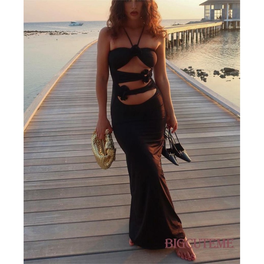 [] Đầm Dài Không Tay Dáng Ôm Hở Lưng Màu Đen Thời Trang Mùa Hè Cho Nữ