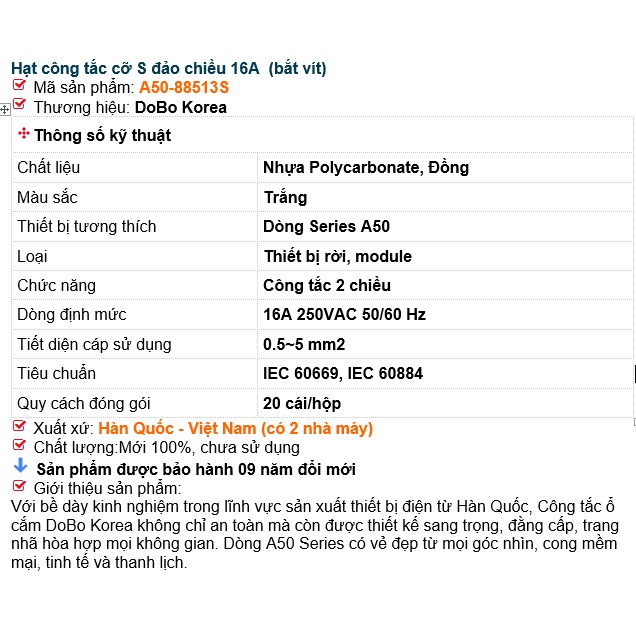 Công tắc đơn đảo chiều 16A - Hạt Công Tắc, Hạt Ổ Cắm Dòng A50 DoBo Hàn Quốc nhập khẩu cao cấp