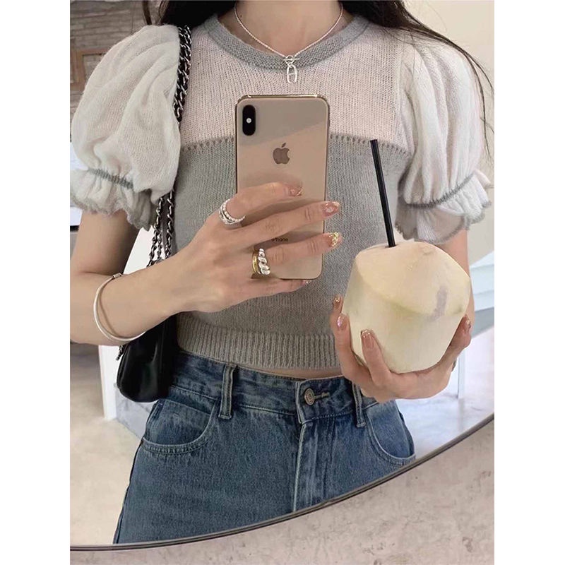 Áo Dệt Kim Tay Ngắn Phồng Màu Vàng Phong Cách Pháp Thời Trang Mùa Xuân 2023 Mới Cho Nữ