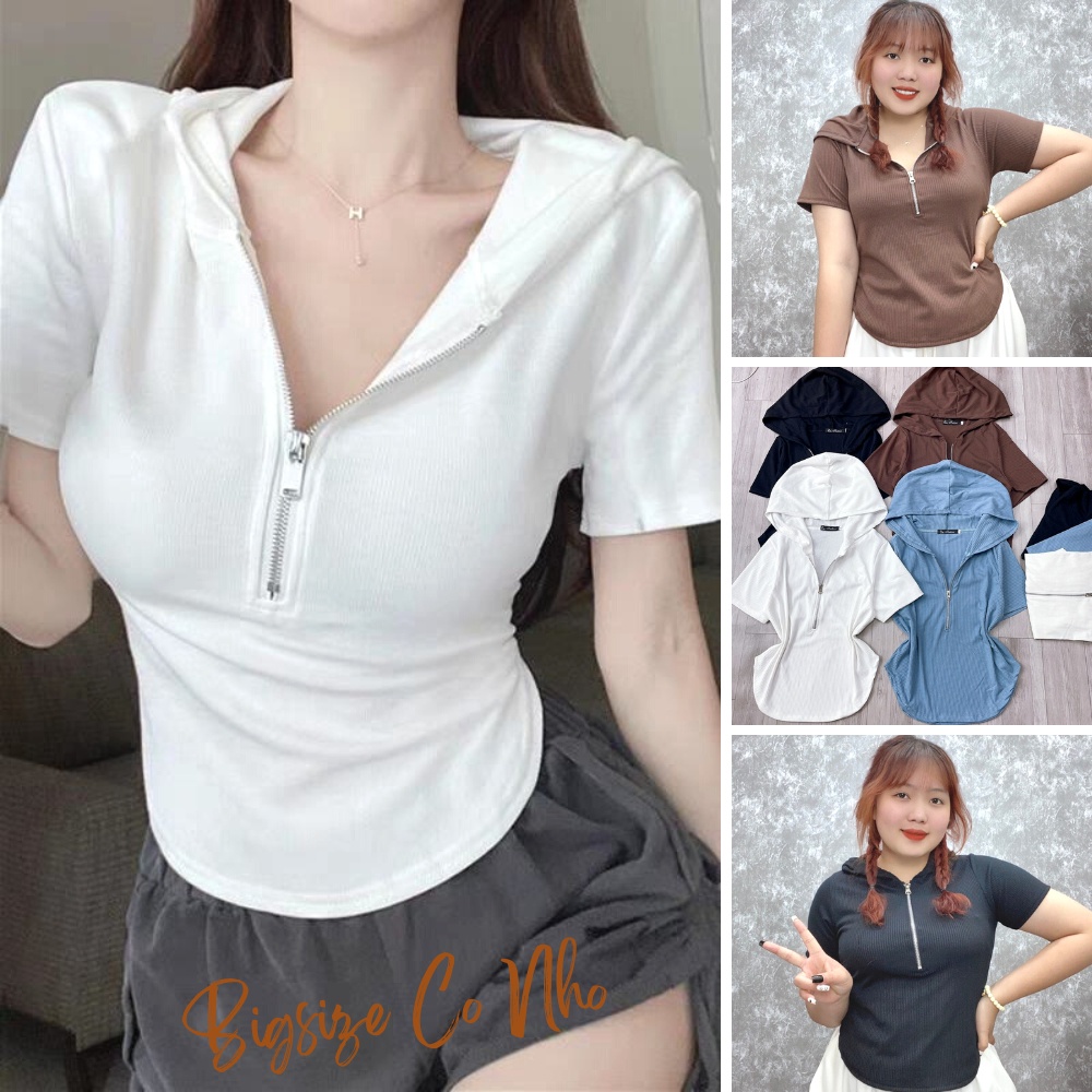 Áo thun tay ngắn croptop bigsize khóa kéo có nón lai bầu chất gân tăm co giãn phom rộng 60-95kg G32