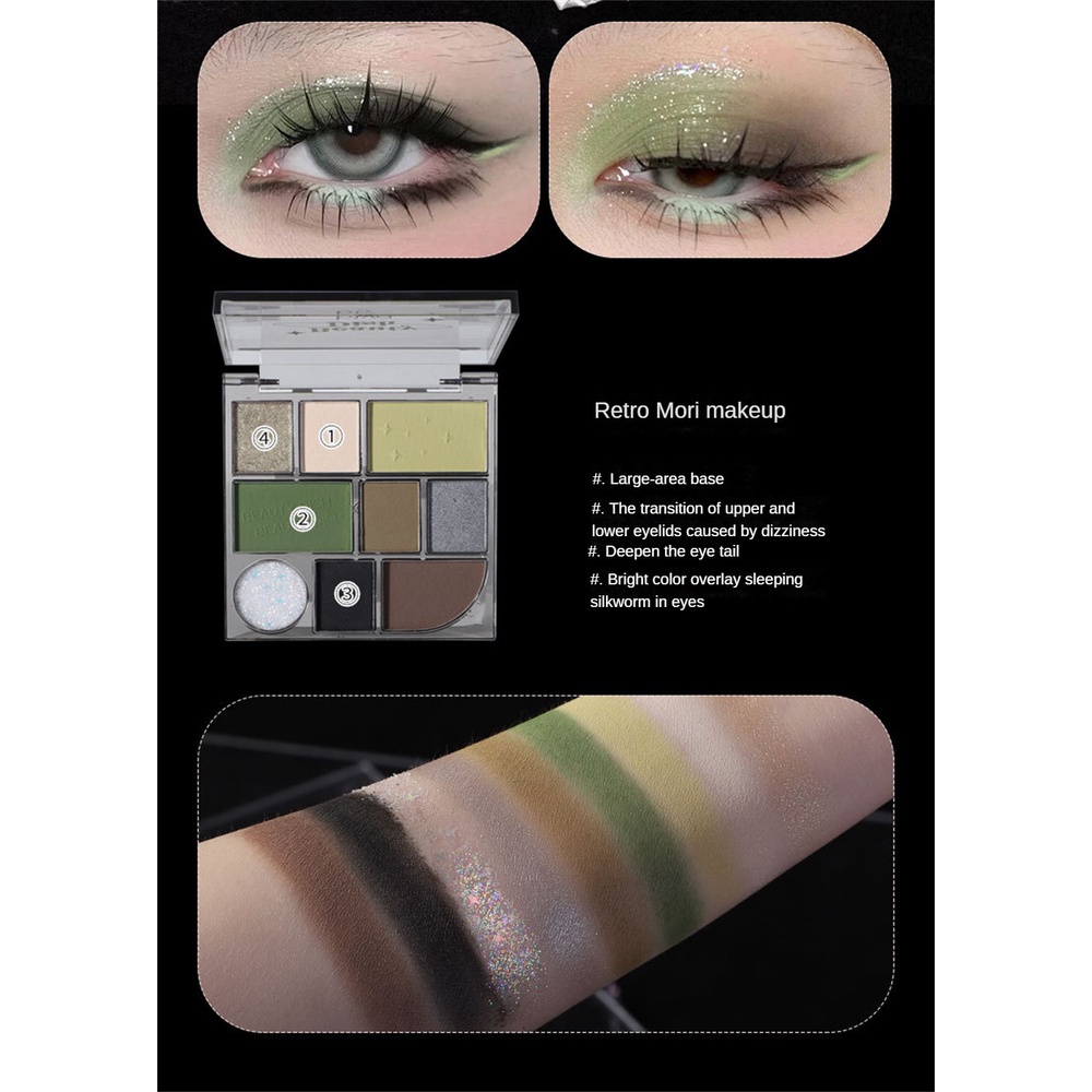 Bảng Phấn Mắt 9 Màu Lì / Nhũ Ngọc Trai / Xanh Lá Retro Lâu Trôi Biya