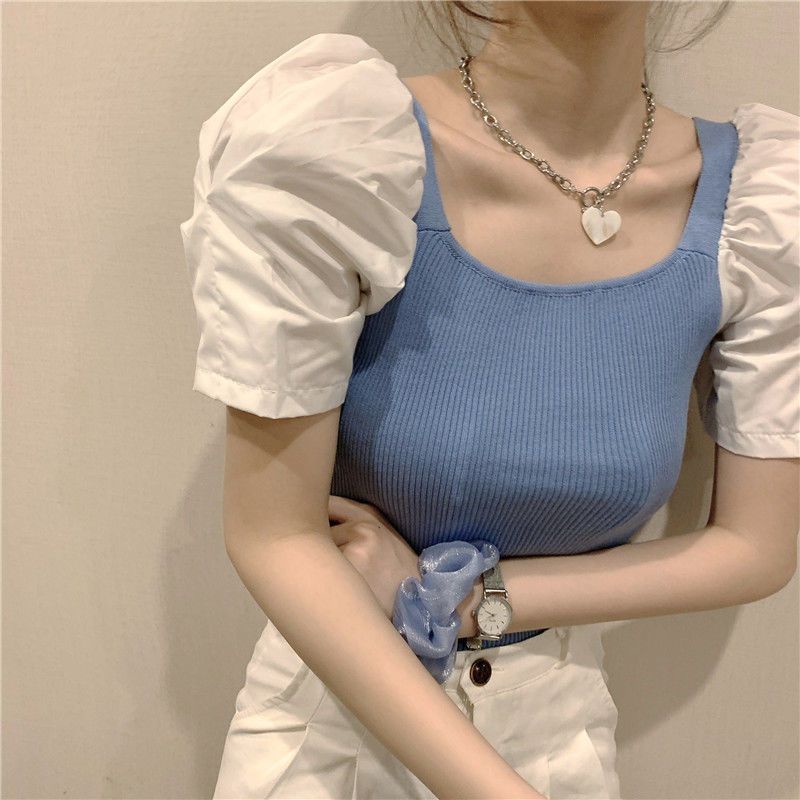 áo croptop dệt kim tay ngắn len trễ vai nữ cổ vuông dáng ôm thời trang mùa hè 2023 phong cách cổ điển dành cho bạn nữ