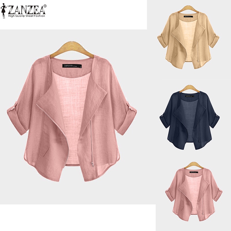 Áo khoác cardigan ZANZEA ngắn tay cổ thuyền phối khóa kéo thời trang đường phố cho nữ