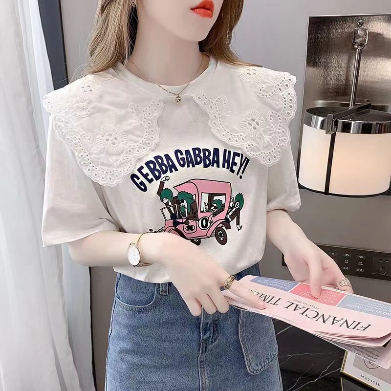 Áo Thun Cotton Nguyên Chất Tay Ngắn Dáng Rộng Cổ Búp Bê Phối Ren Thời Trang Mùa Hè Kiểu Mới Cho Nữ