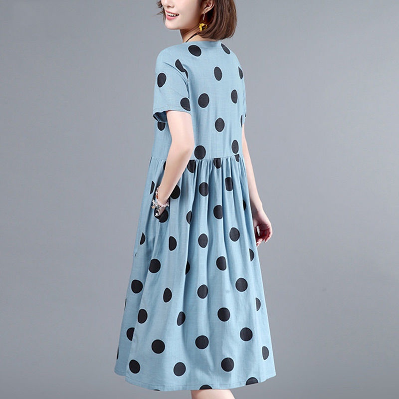 Đầm Cotton Lanh Họa Tiết Chấm Bi Cổ Điển Thời Trang Mùa Hè Cho Nữ