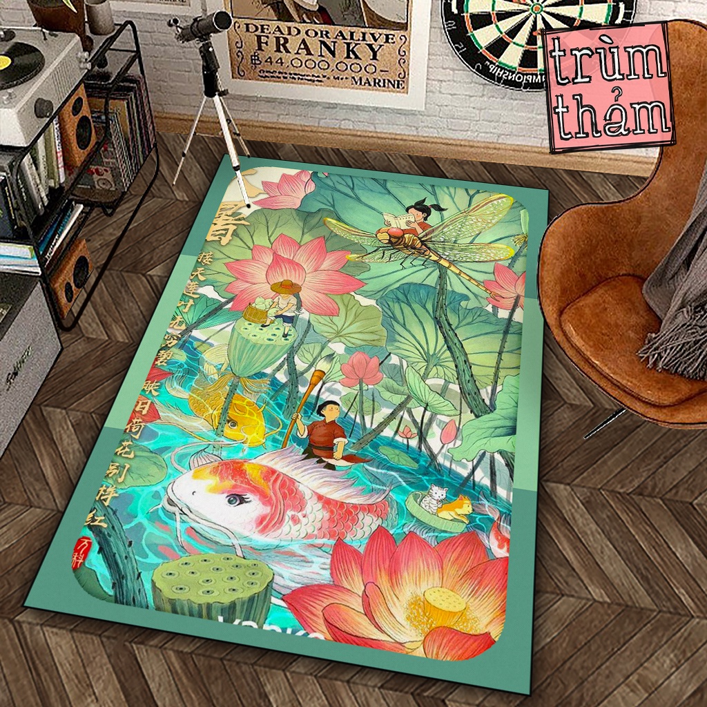 Thảm Trang Trí Cá Koi Hoa Sen Lotus Illustration Art Decor Phòng Ngủ Phòng Khách Văn Phòng