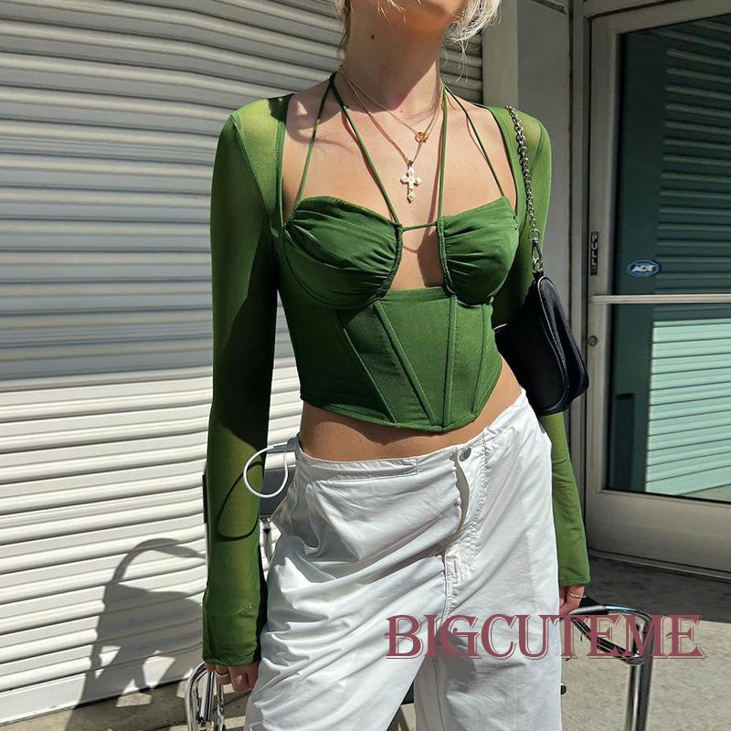 [] Áo Crop Top Dài Tay Phối Lưới Xuyên Thấu Phong Cách Đường Phố Đơn Giản Dành Cho Nữ