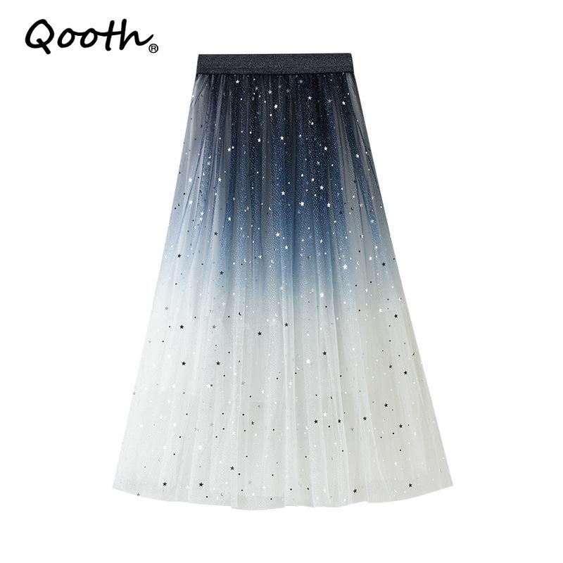 Qooth Nữ Ins Gradient Màu Sắc Ngôi Sao Chữ A Cổ Cao Trung Dài Váy Voan Cho Mùa Xuân Hè QT2046