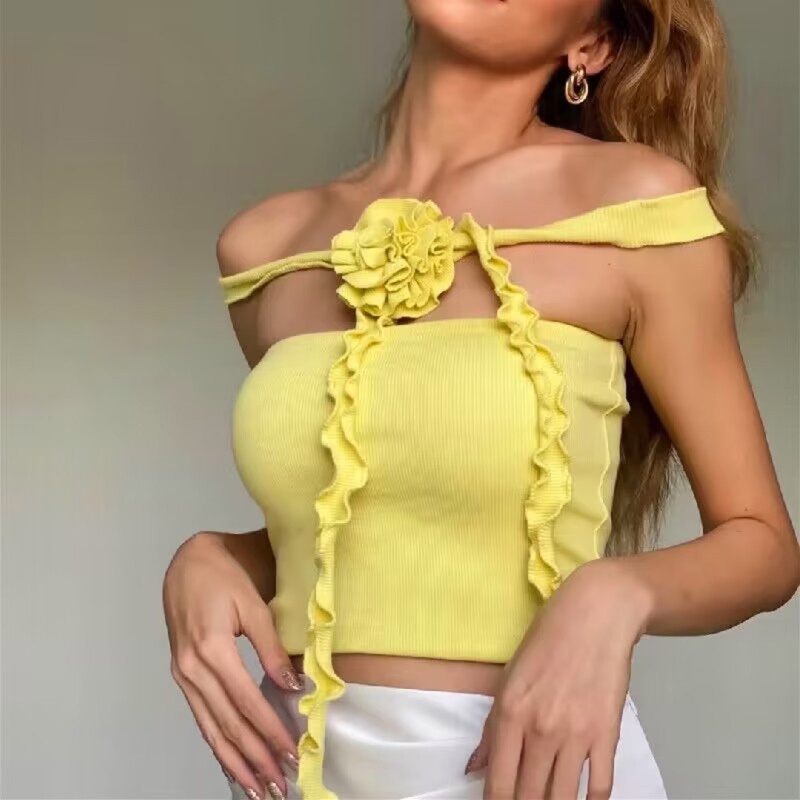 Áo Croptop Trễ Vai Màu Trơn Họa Tiết Hoa Phong Cách Vintage Dành Cho Nữ