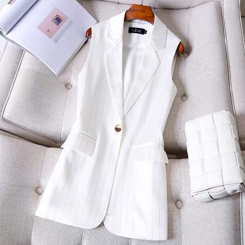 Áo Khoác Blazer Không Tay Cài Một Hàng Nút Họa Tiết Kẻ Sọc Thời Trang Hàn Quốc Cho Nữ M-4XL