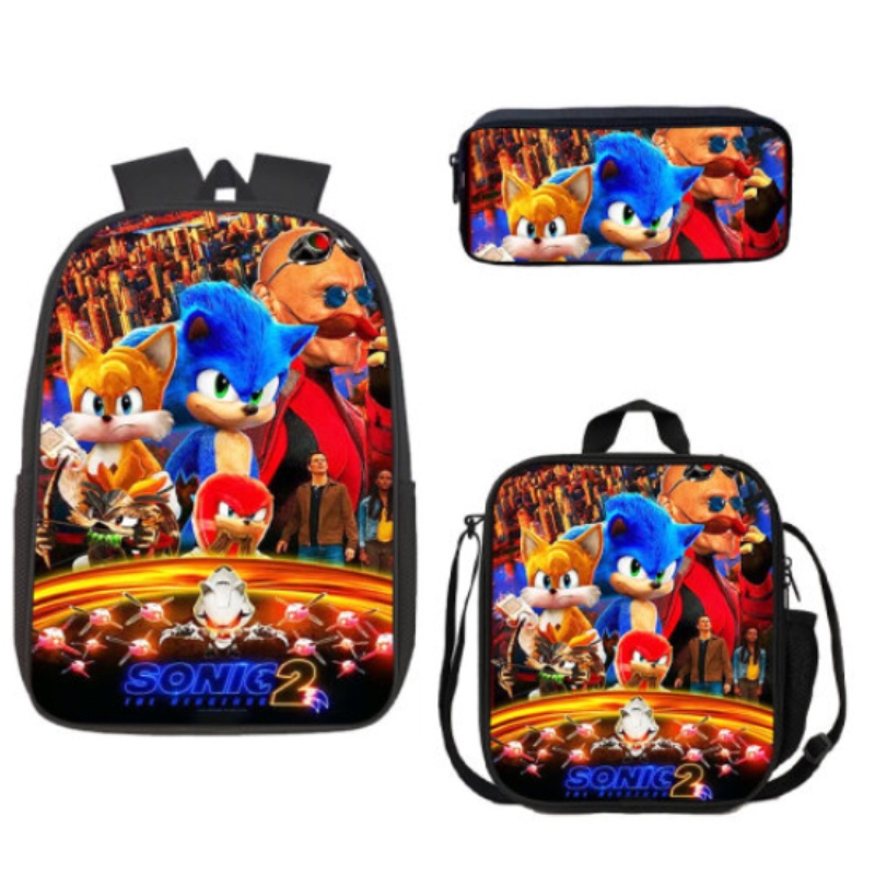 Set 3 Balo Đi Học Thoáng Khí Chống Thấm Nước In Họa Tiết Hoạt Hình Sonic Cho Bé
