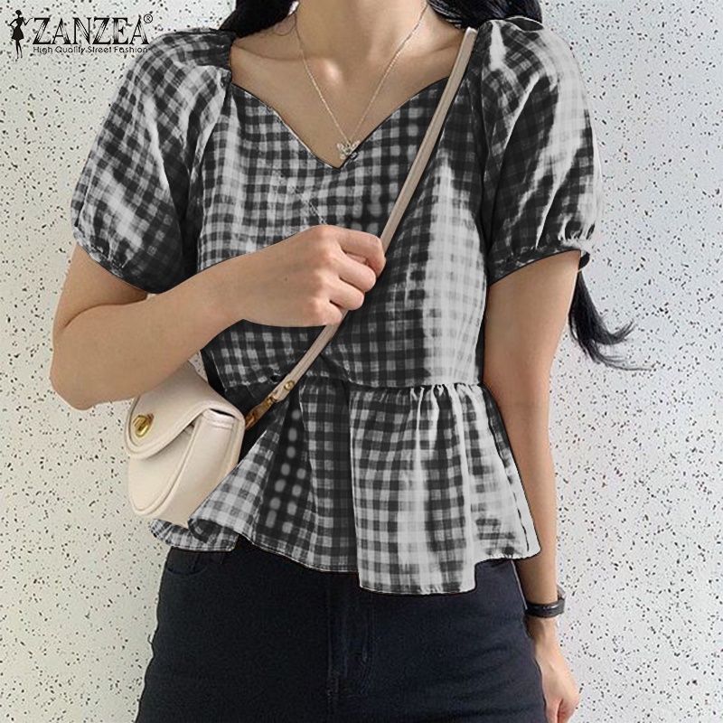 Áo ZANZEA tay ngắn phồng họa tiết caro phong cách Hàn Quốc dành cho nữ