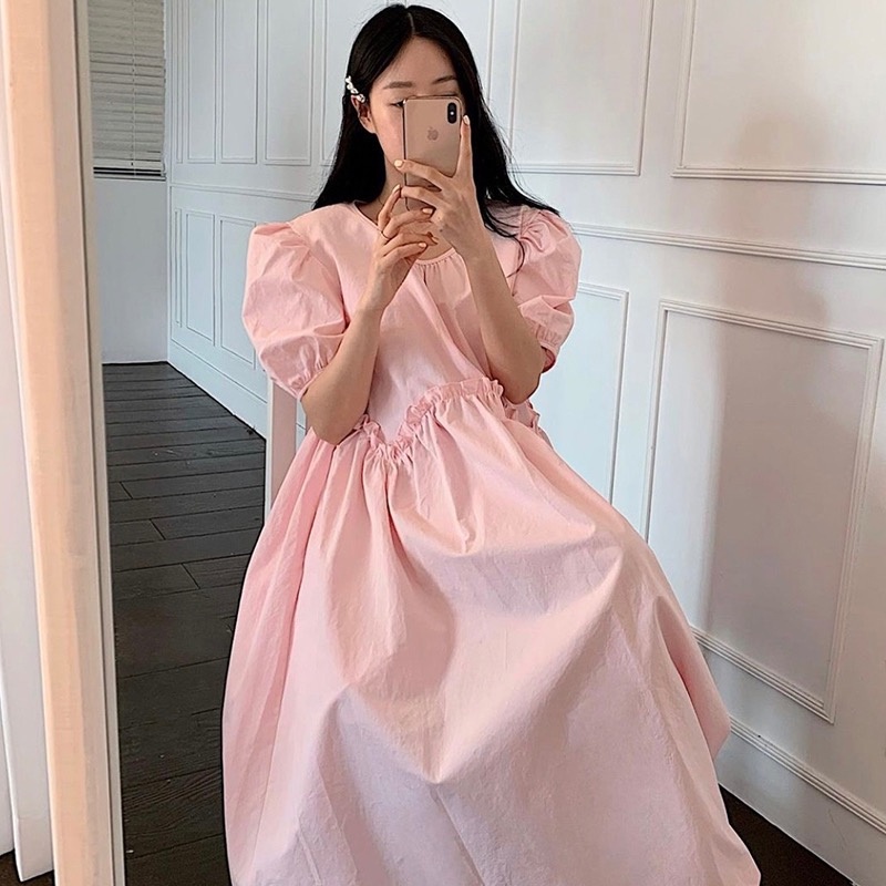 NZN Đầm dài tay ngắn phối ren dáng rộng phong cách Hàn Quốc thời trang cho nữ