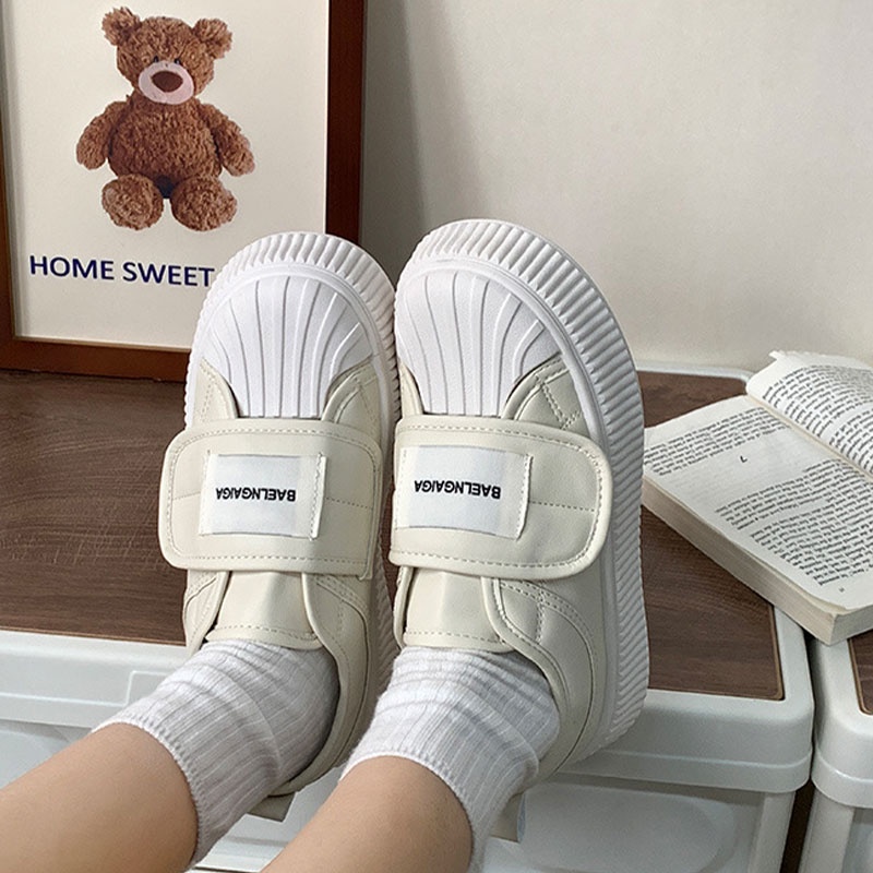Phiên Bản Hàn Quốc RENBEN Giày Đầu Vỏ Sò Nhỏ Màu Trắng Khóa Dán Đế Dày Cho Nữ