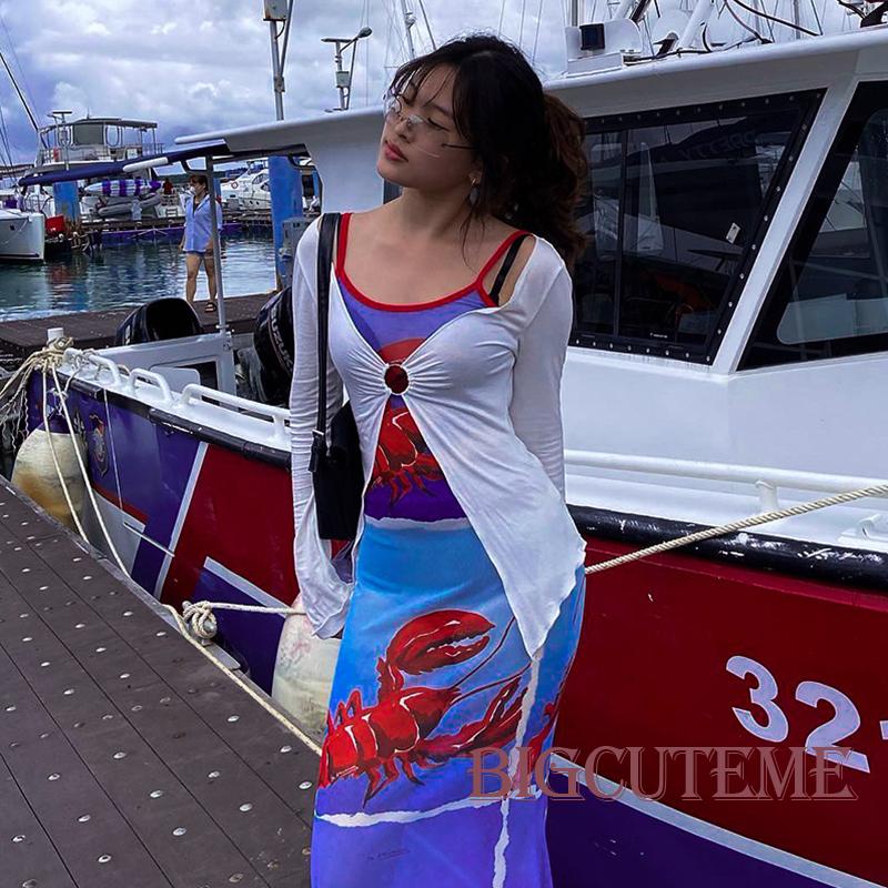 [] - Đầm Dài Không Tay Hở Lưng Dáng Ôm In Hình Tôm Hùm Mùa Hè Cho Nữ