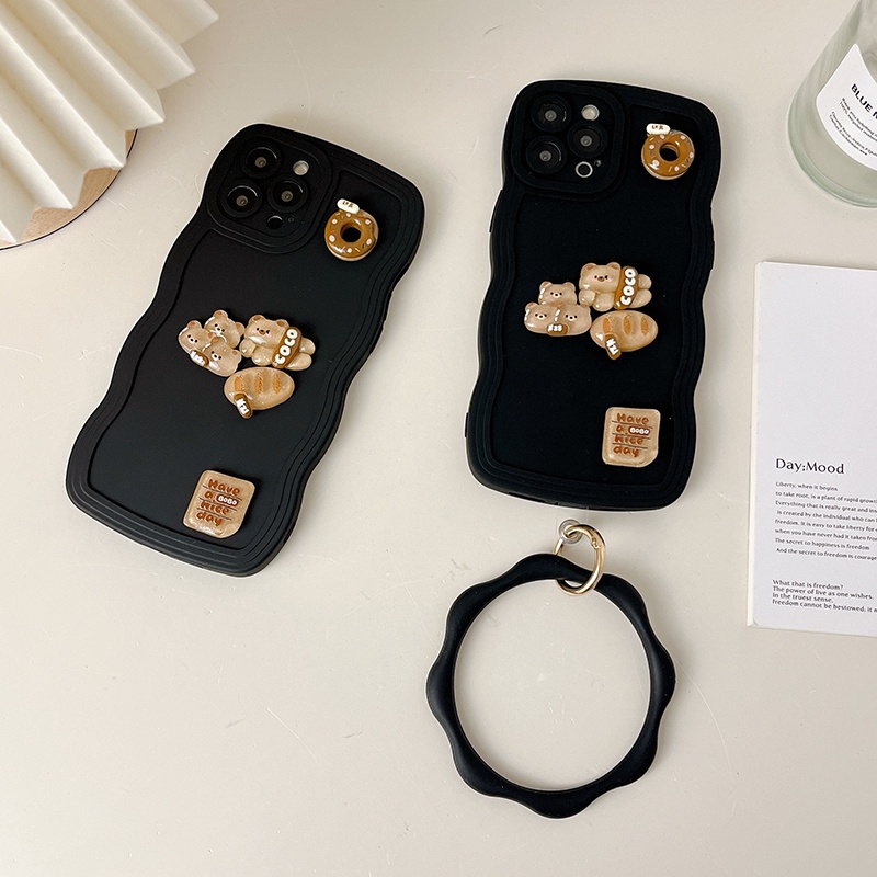 Ốp Điện Thoại Tpu In Hình Gấu Bánh Mì Sữa Có Vòng Đeo Tay Cho IPhone 14 13 12 11 Pro Max X XR XS Max 6 7 8 Plus
