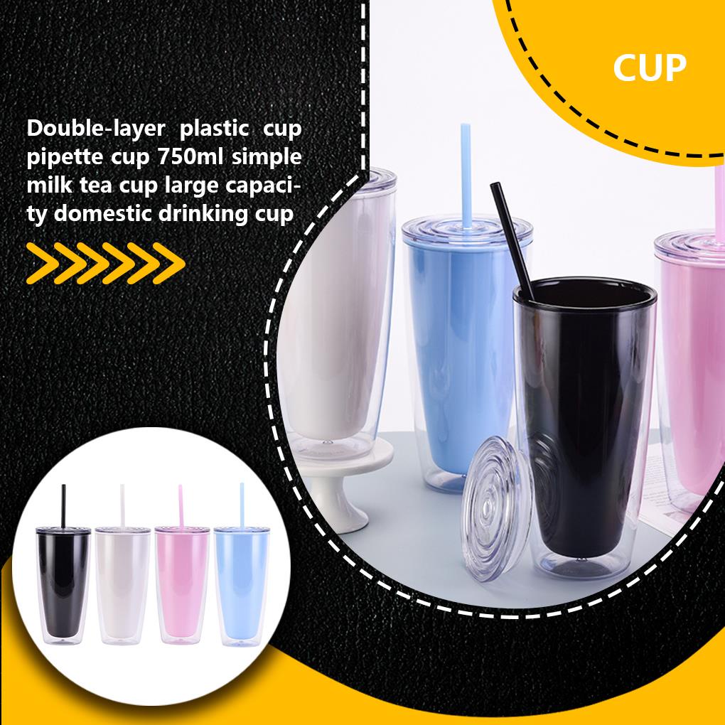 Cốc Uống Cà Phê Hai Lớp Cách Nhiệt 750ml Kèm Nắp Và Ống Hút Kiểu Dáng Đơn Giản