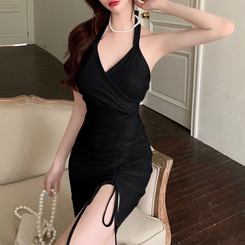 IELGY   Đầm Hai Dây Cổ Chữ v Xẻ Tà Ôm Dáng Thời Trang Cho Nữ