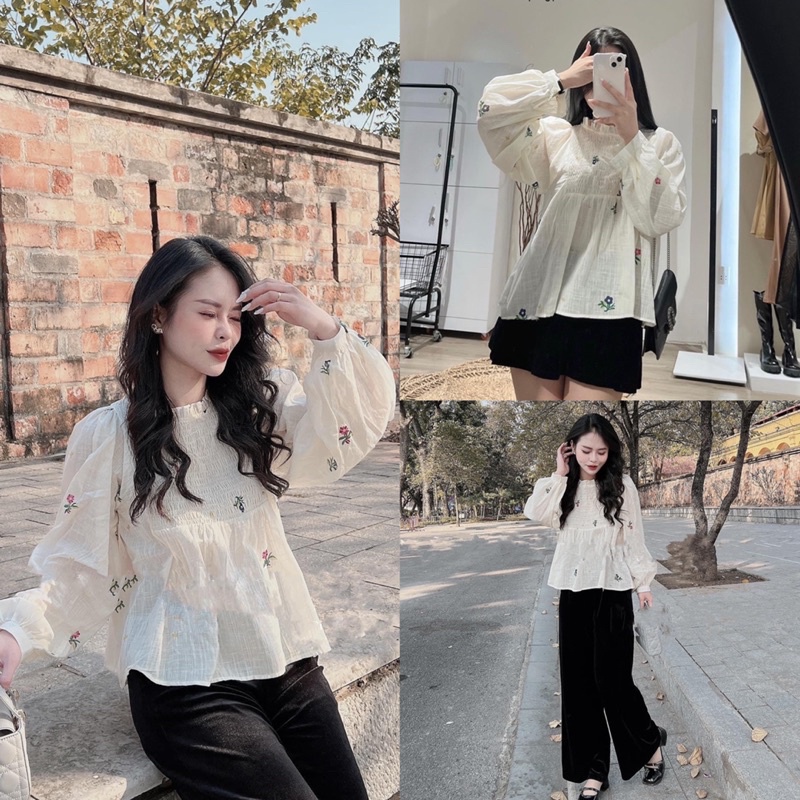Áo Thô Hoa Linen Chun Ngữ Tay Bồng Có Ảnh Thật