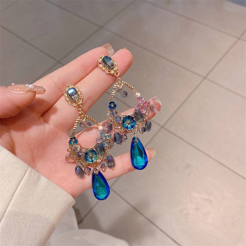 Bông Tai Mạ Bạc Đính Đá Sapphire Phong Cách Baroque Nhật Bản