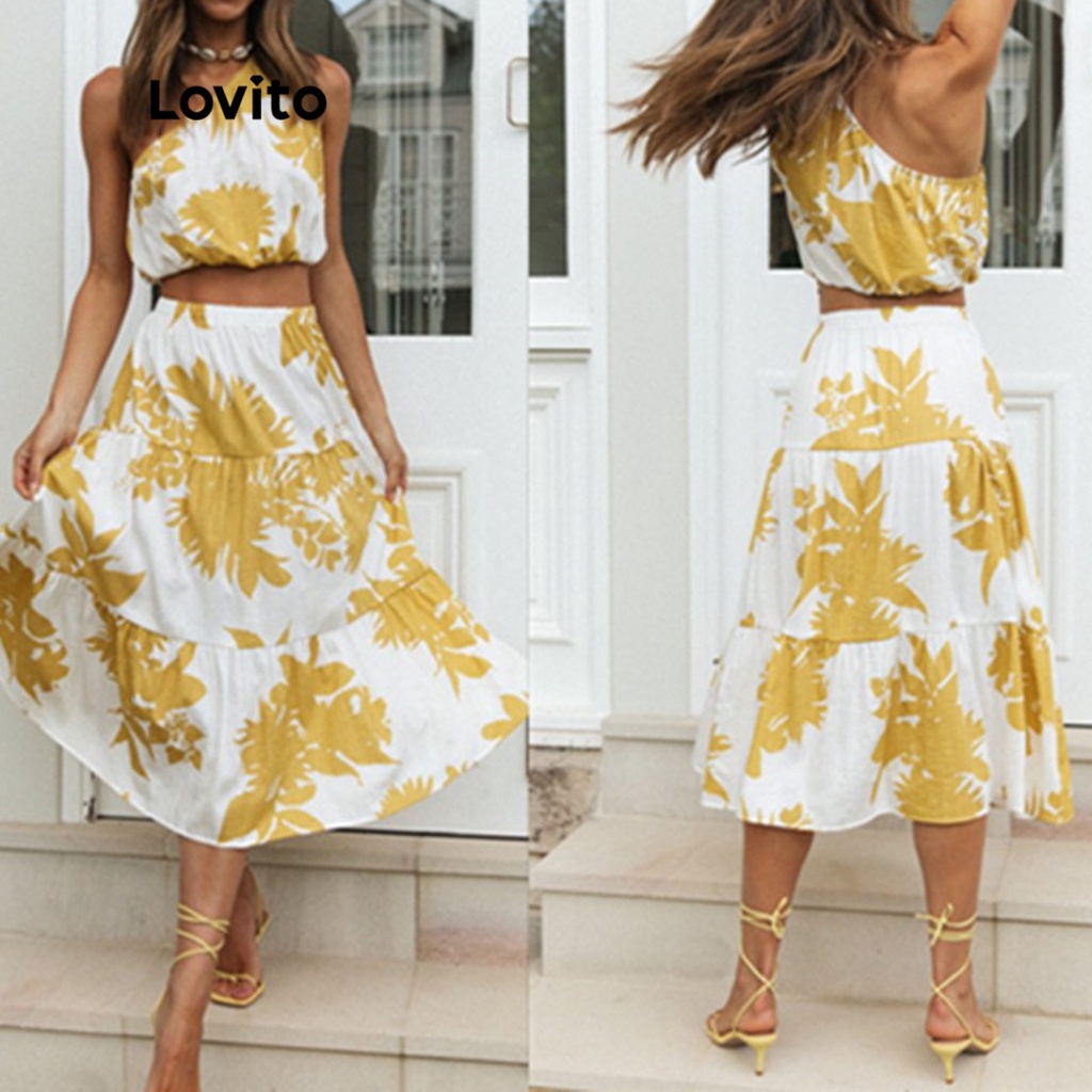 Set chân váy chữ A + áo Lovito không tay lai bèo không đối xứng họa tiết hoa boho cho nữ LNE04094 (màu trắng)