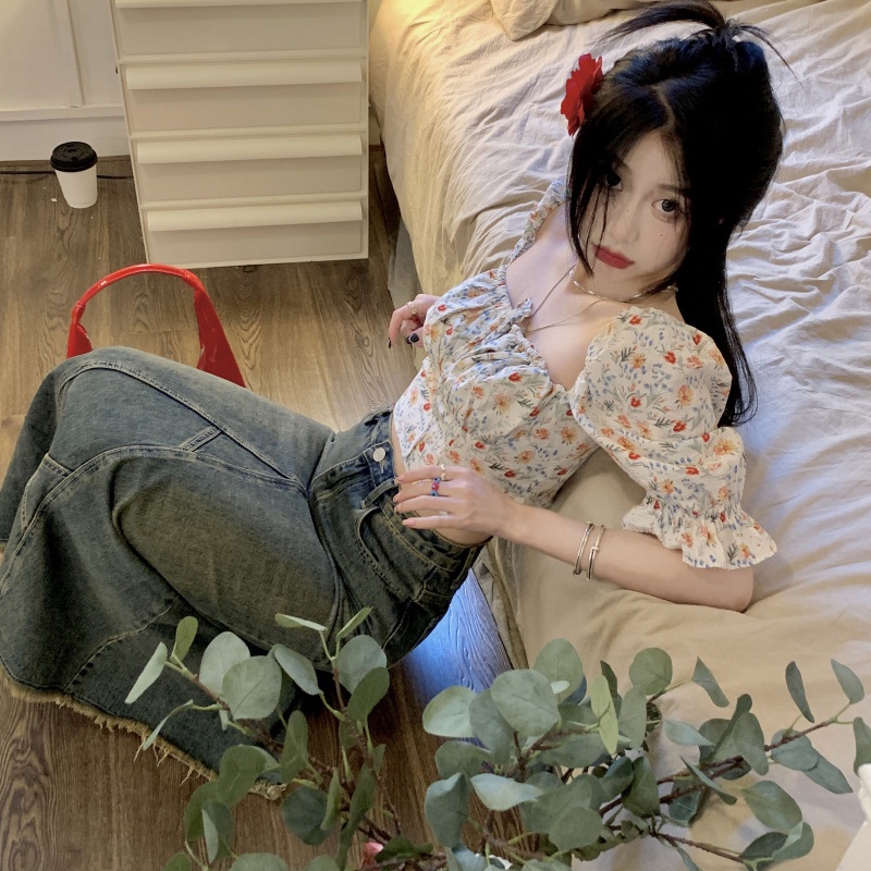 IELGY     Áo Kiểu Tay Phồng Cổ Vuông In Họa Tiết Hoa Phong Cách Pháp Thời Trang Cho Nữ