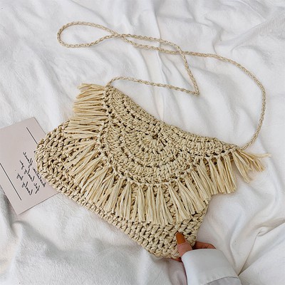 Túi cói đi biển LATYS tua rua phong cách vintage quai đeo chéo cá tính