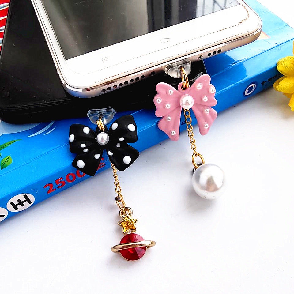 Nút Cắm Chống Bụi Kiểu Nơ Đính Ngọc Trai Dễ Thương Cho Điện Thoại Di Động