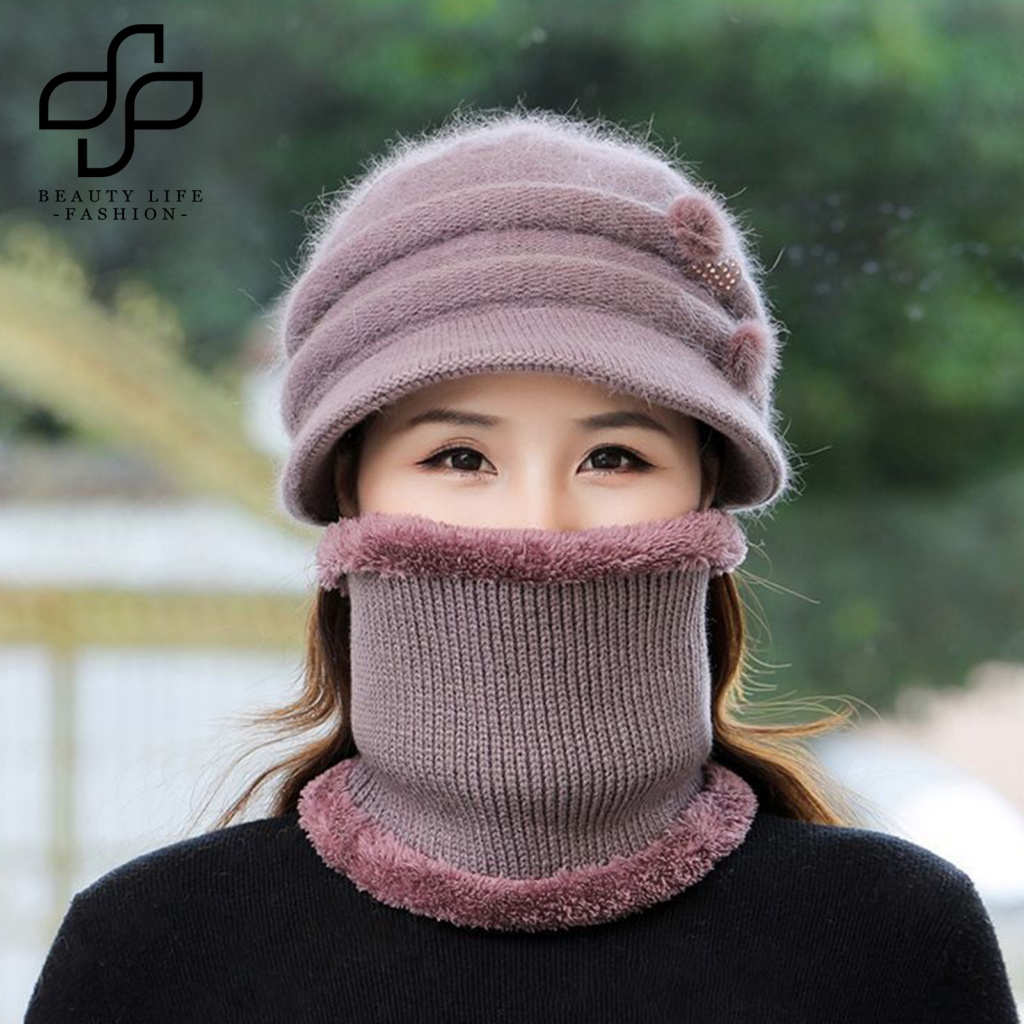 Bộ 2 Món Nón + Khăn Choàng Dệt Kim + Khăn Choàng Ngắn Màu Trơn Thời Trang Thu Đông Cho Nữ