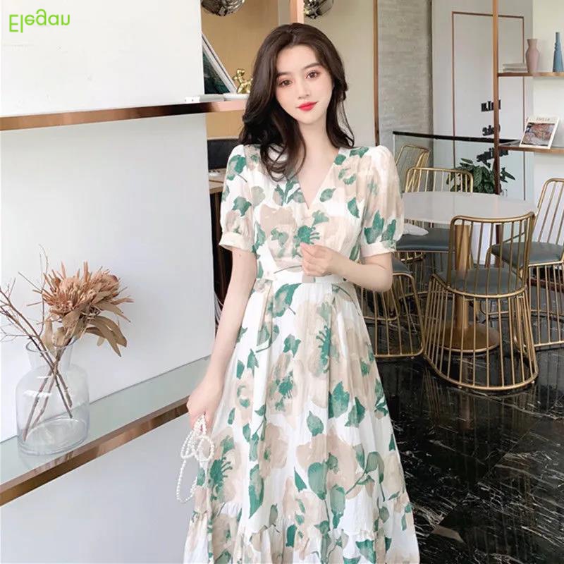 Đầm Tay Ngắn Cổ Chữ V In Hoa Phong Cách Mới Thanh Lịch Dành Cho Nữ